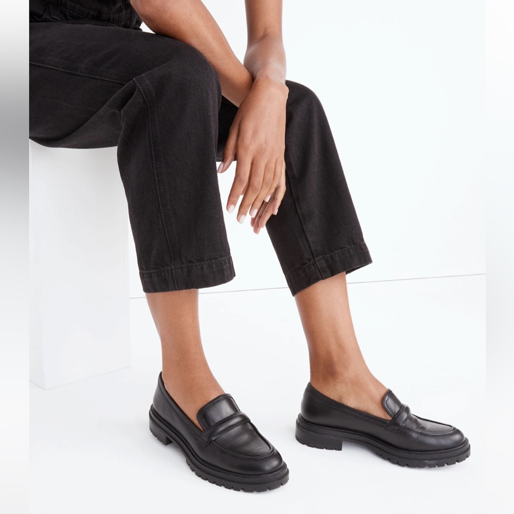 Madewell Black Leather Lug Sole Penny Loafers